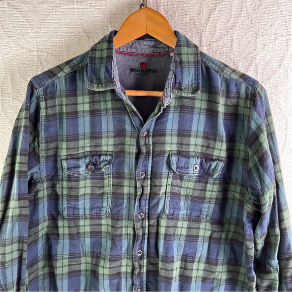 Woolrich Blackwatch Plaid Cotton Flannel Women L Button Down HOLES PAINT STAINED - Picture 2 of 16